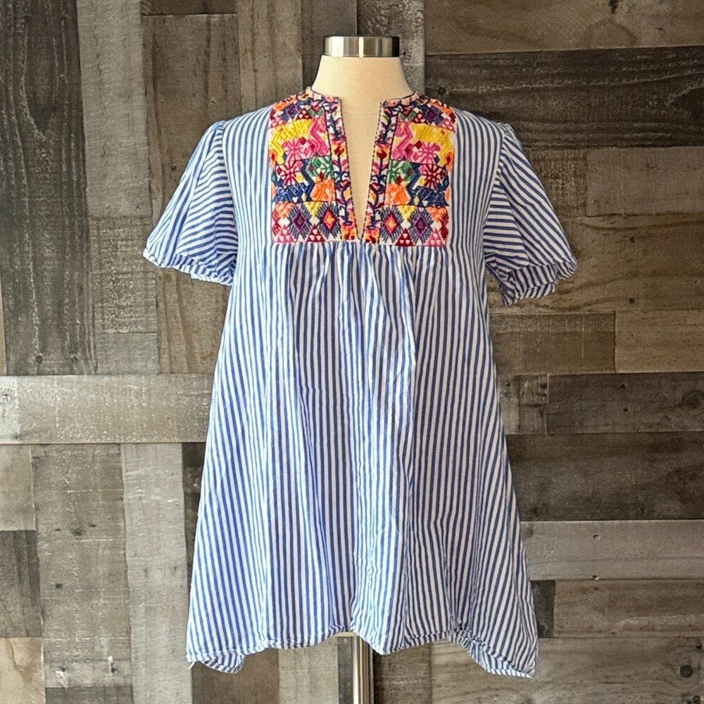 Blue white stripes v-neck fiesta dress large rainbow embroidery festival boho - Picture 5 of 10